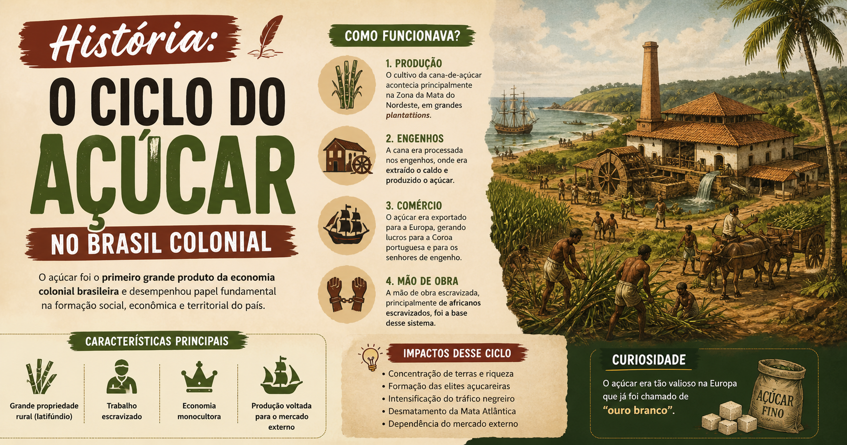 História: o clico do açucar no Brasil Colonial.